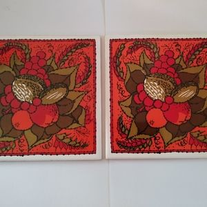 Holt Howard Fruit Grapes Ceramic Tile Trivet Lot Of 2 Vintage 1970s Fall Colors